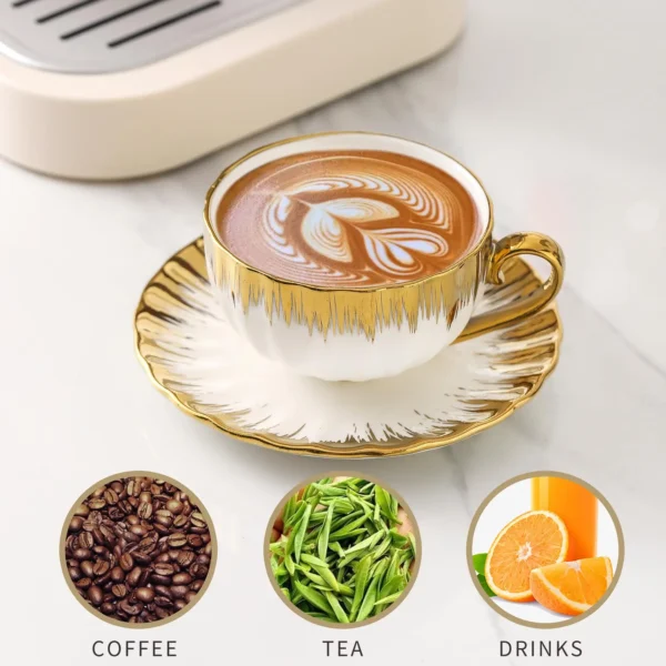 Cappuccino Cups with Saucers Scoop,200ml Porcelain Espresso Cups Set,Ceramic Turkish Coffee Cups,Tea Milk Mug Latte,Mocha,White