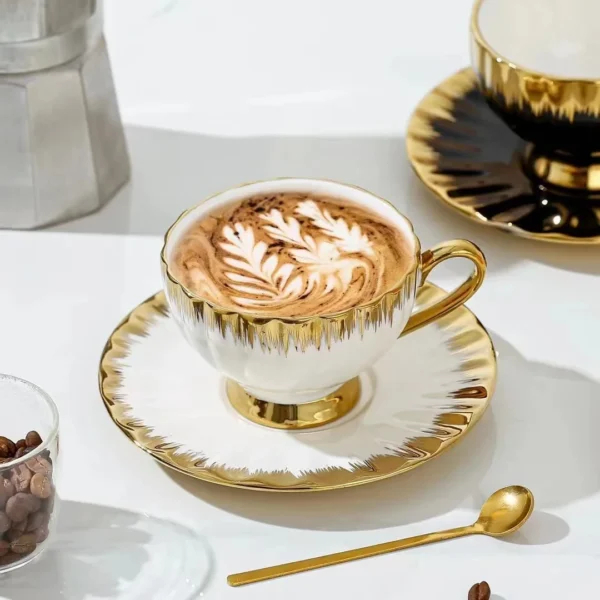 Cappuccino Cups with Saucers Scoop,200ml Porcelain Espresso Cups Set,Ceramic Turkish Coffee Cups,Tea Milk Mug Latte,Mocha,White - Image 2